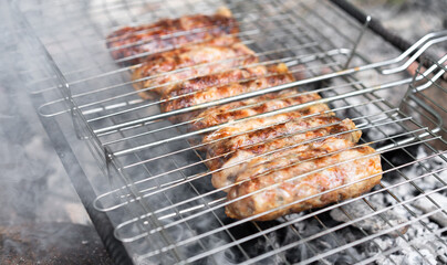 Grilled meat is grilled on charcoal