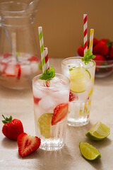 Cocktails with fruits and berries. Summer cold refreshing fruit drink.