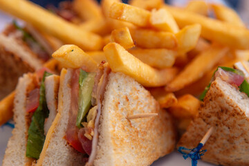 Close up of a ham sandwich with french fries.
