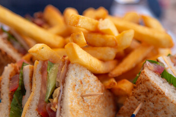 Close up of a ham sandwich with french fries.