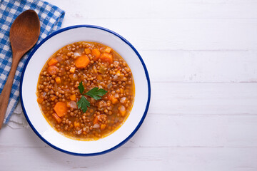 Lentils with carrots. Traditional northern spanish tapa.