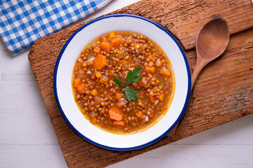 Lentils with carrots. Traditional northern spanish tapa.