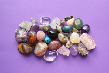 Gems of various colors. Amethyst, rose quartz, agate, apatite, aventurine, olivine, turquoise,...