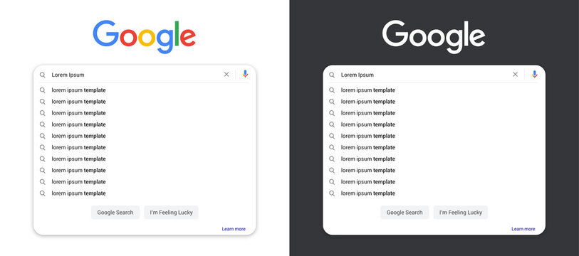 Google search bar template, suggestion interface vector set. Google searching keyword proposition. Isolated search engine, editable window text. Editorial illustration.