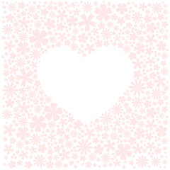 Greeting card with white flower heart frame for text. Pastel pink tender color.