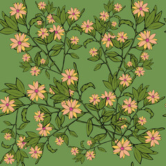 vector illustration seamless pattern flowers with yellow and pink petals and a pink center on a long green stem with leaves on a green background,for wallpaper,fabric or furniture