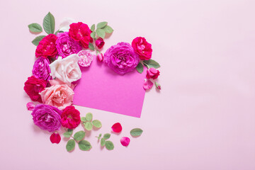 Fototapeta na wymiar beautiful roses on pink paper background