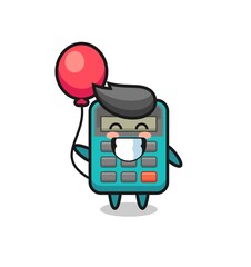 calculator mascot illustration is playing balloon