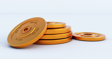 Weight for sport isolated on white background, golden Gym equipment, 3D render