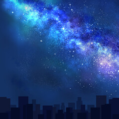 天の川が流れる夜空と街並みのシルエット（正方形）