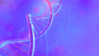 DNA sequence and COVID-19 infection virus cells. Abstract image coronavirus. World pandemic delta variant on planet Earth. Purple Background