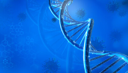 DNA sequence and COVID-19 infection virus cells. Abstract image coronavirus. World pandemic delta variant on planet Earth. Blue Background