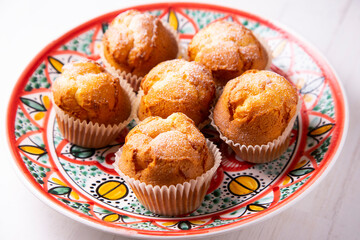 Muffins with sugar baked in a spanish bakery.