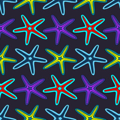 Fototapeta na wymiar Seamless illustration with multicolored starfish. Vector drawing.