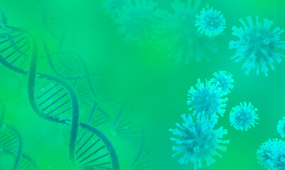Fototapeta na wymiar DNA sequence and COVID-19 infection virus cells. Abstract image coronavirus. World pandemic delta variant on planet Earth. Green Background
