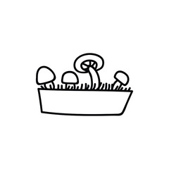 Single hand drawn pot with mushrooms. Doodle vector illustration. Isolate on a white background. Goblincore print.