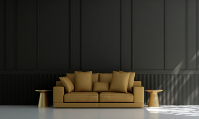 Home and decoration interior design of minimal living room and cozy sofa style and black wall texture background, 3d rendering 