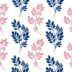 Navy blue pink abstract tree branches seamless pattern. Plants silhouette, Twig with Leaves. Floral vector texture, background for fabric, textile print, scrapbooking, invitation, wrapping, gift paper