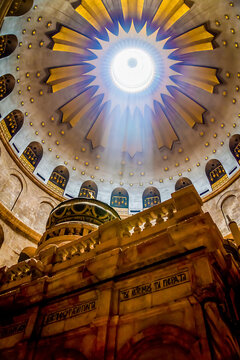 Anastasis (resurrection) Rotunda over Edicule. A stone edicule encloses the sepulchre where Jesus lay buried for three days and where he rose from the dead