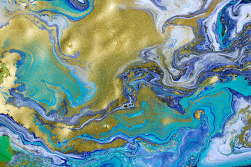 Marble blue and gold abstract background. Navy liquid pattern.
