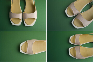 a collage of photos of women's shoes. four images with shoes lying at different angles