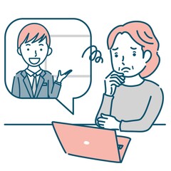 男性講師からオンラインで説明を受けて困るシニア女性のイラスト素材