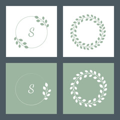Set of wreaths on white and colored backgrounds. Round frame made of the twigs. Template with space for text. Can be used for the logo, icons, wedding invitation, photo overlay, and greeting cards.