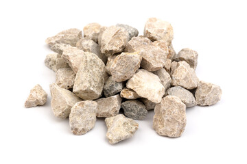 Fototapeta na wymiar Gray small rocks ground texture isolated on white background. Small road stone.