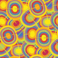 1970s style rainbow seamless vector pattern background. Backdrop with mosaic style oval pairs of rainbows in psychedelic colors. Funky overlapping texture repeat in boho hippie style. Hipster print