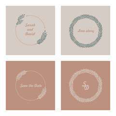 Set of wreaths on colored backgrounds. Round frame made of the twigs. Round template with space for text. Can be used for the logo, icons, wedding invitation, photo overlay, and greeting cards.