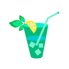 Mahito cocktail with mint, ice and a piece of lemon on a white background.Vector illustration.