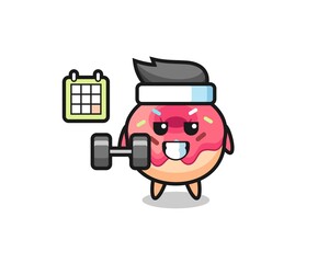 doughnut mascot cartoon doing fitness with dumbbell