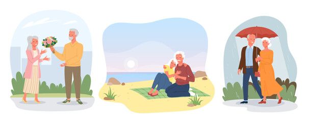 Dating of happy elderly loving couple people, Valentines day vector illustration set. Cartoon retired pensioner lover characters sitting together on sea beach, walking in rain isolated on white