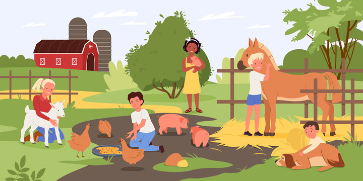 Children in contact zoo, happy kids and animals vector illustration. Cartoon boy girl child characters holding cute piggy, hugging dog, standing next to horse and feeding chickens with food background