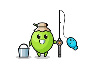 Mascot character of coconut as a fisherman
