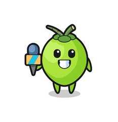 Character mascot of coconut as a news reporter