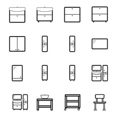 set of linear black and white vector bathroom furniture icons