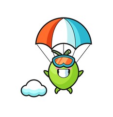 coconut mascot cartoon is skydiving with happy gesture
