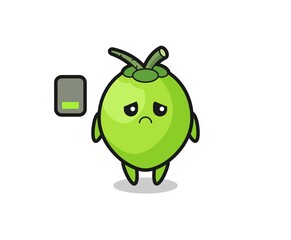 coconut mascot character doing a tired gesture