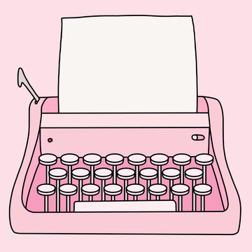 Isolated Vector Illustration of a Pink Retro Typewriter with Blank Paper Sheet. Mockup template Icon with Space Custom Text