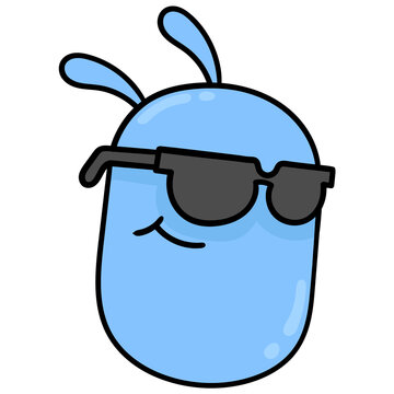 Blue Monster Head Smiling Wearing Sunglasses Style, Doodle Icon Drawing