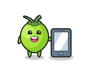 coconut illustration cartoon holding a smartphone