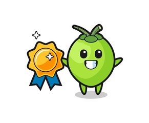 coconut mascot illustration holding a golden badge