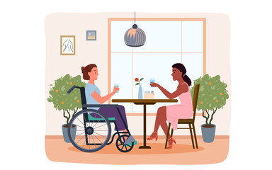 Disabled girl meeting with friend in cafe vector illustration. Cartoon young handicapped female character in wheelchair and woman drinking, talking, friendship handicap lifestyle isolated on white