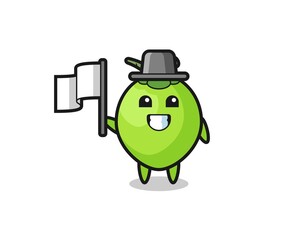 Cartoon character of coconut holding a flag