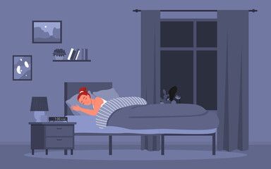 Girl sleeping in bed, healthy sleep at night, sweet dreams vector illustration. Cartoon young woman character lying in bed in bedroom interior, good work of biological circadian rhythms concept