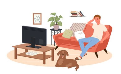Young man watching tv at home vector illustration. Cartoon happy male character sitting on comfortable sofa couch of living room interior to watch television news, movie film or show isolated on white