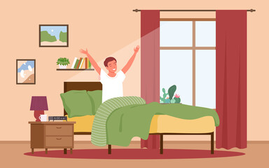Guy waking up in sunrise early morning after night rest vector illustration. Cartoon boy character awaking in sun, happy young man sitting in bed near window in home bedroom interior background