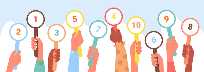 Scorecard customer review rating, client feedback service concept vector illustration. Cartoon diverse client hands rate and vote in row, holding up round grade card with ranking numbers background