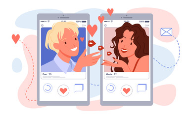 Fototapeta na wymiar Online romantic dating app users chatting in social media, using phones vector illustration. Cartoon man woman lovers communication with speech chat bubbles on smartphones and hearts isolated on white
